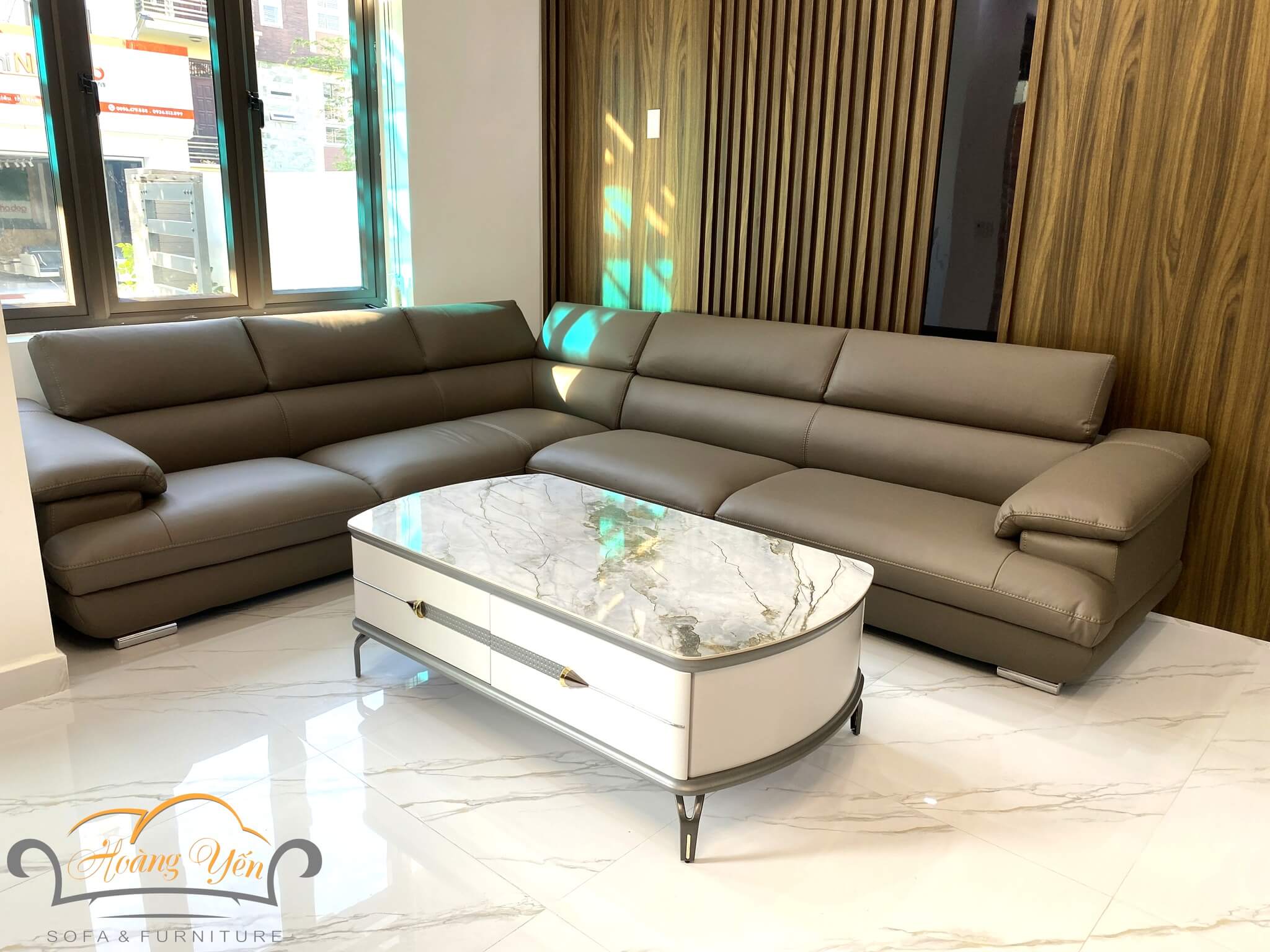 bàn giao sofa da góc L SHY339 quây kín tựa
