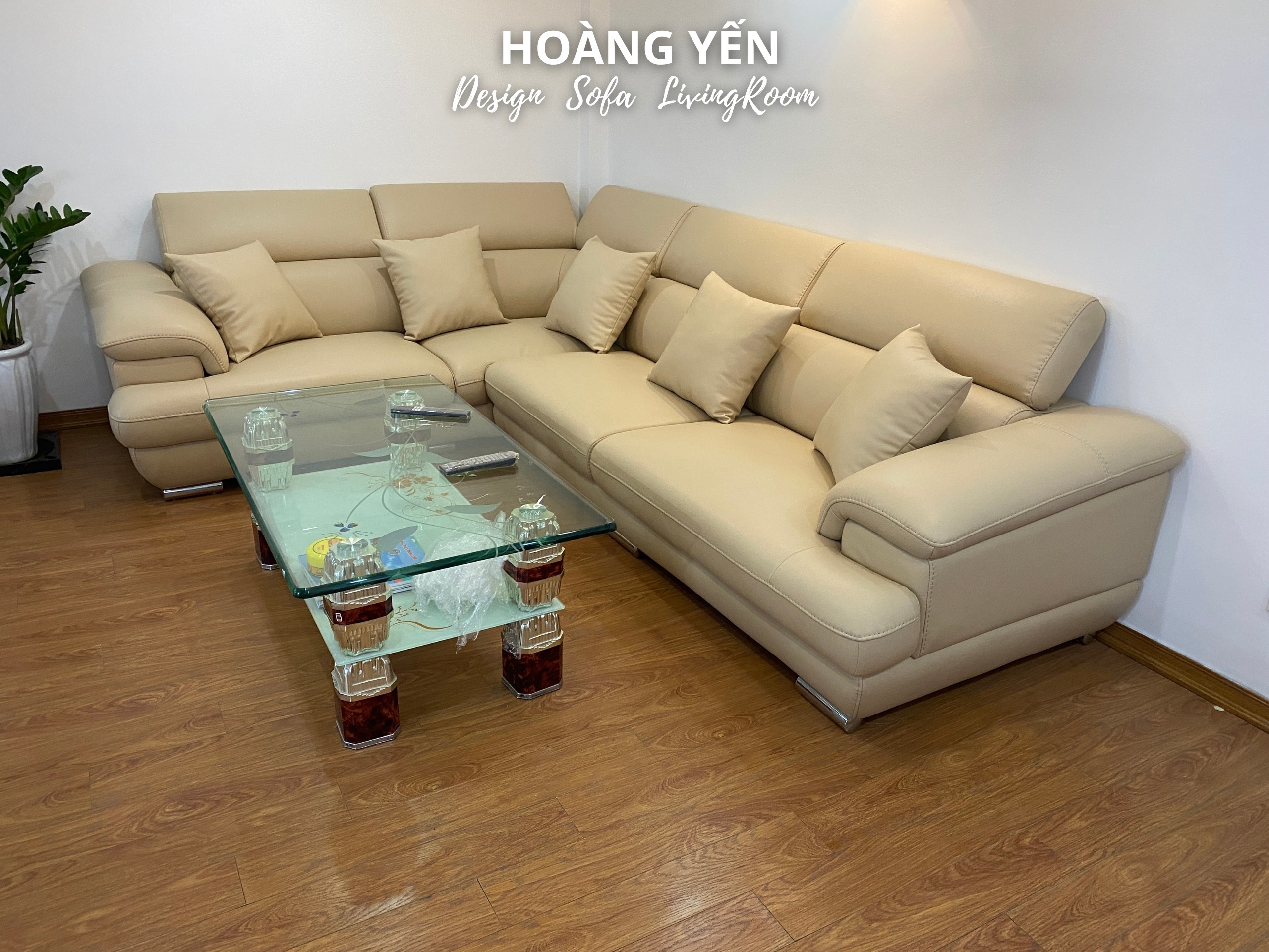 Sofa da góc L SHY339 quây kín tựa màu kem