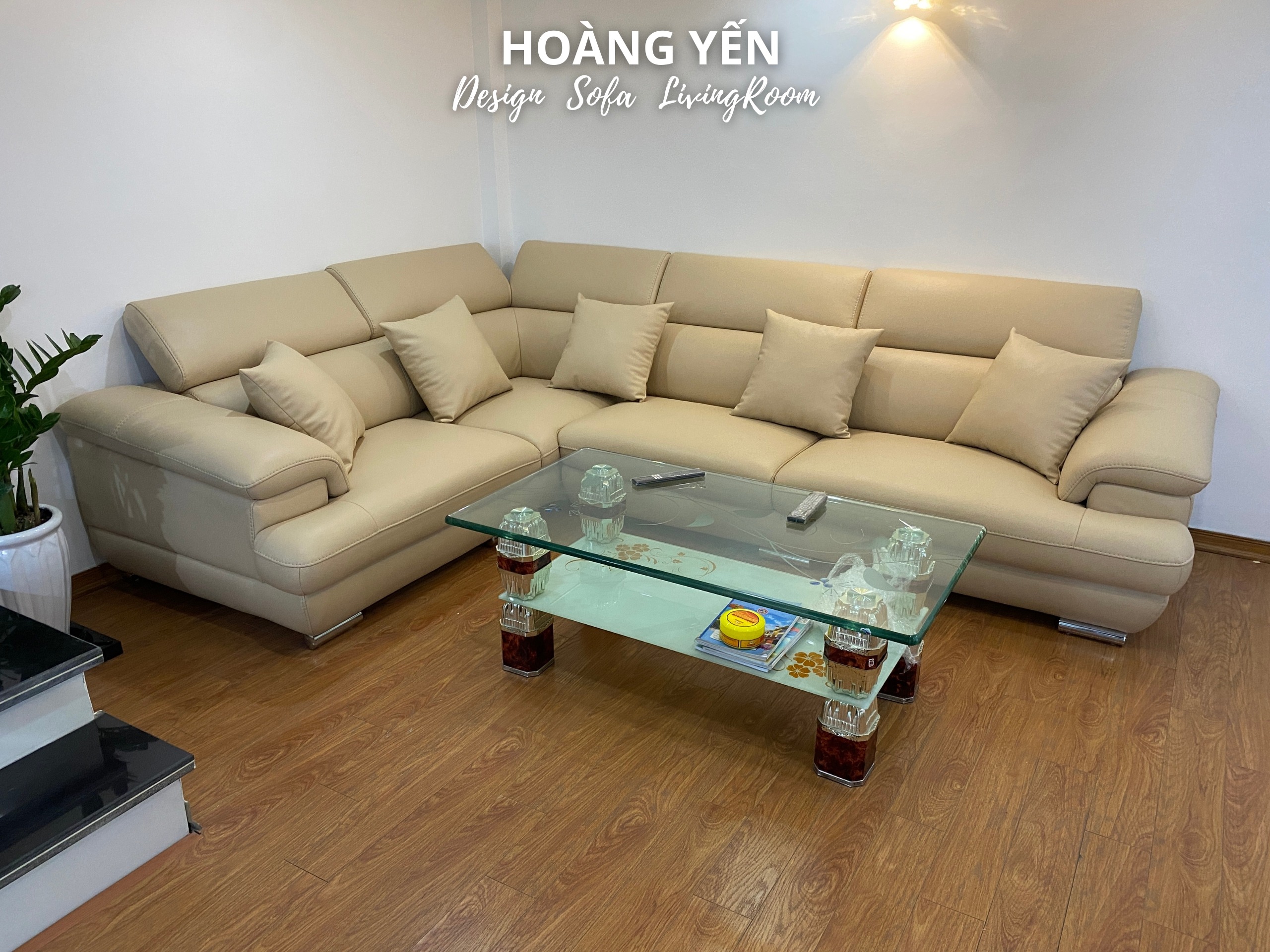 Sofa da góc L SHY339 quây kín tựa màu kem