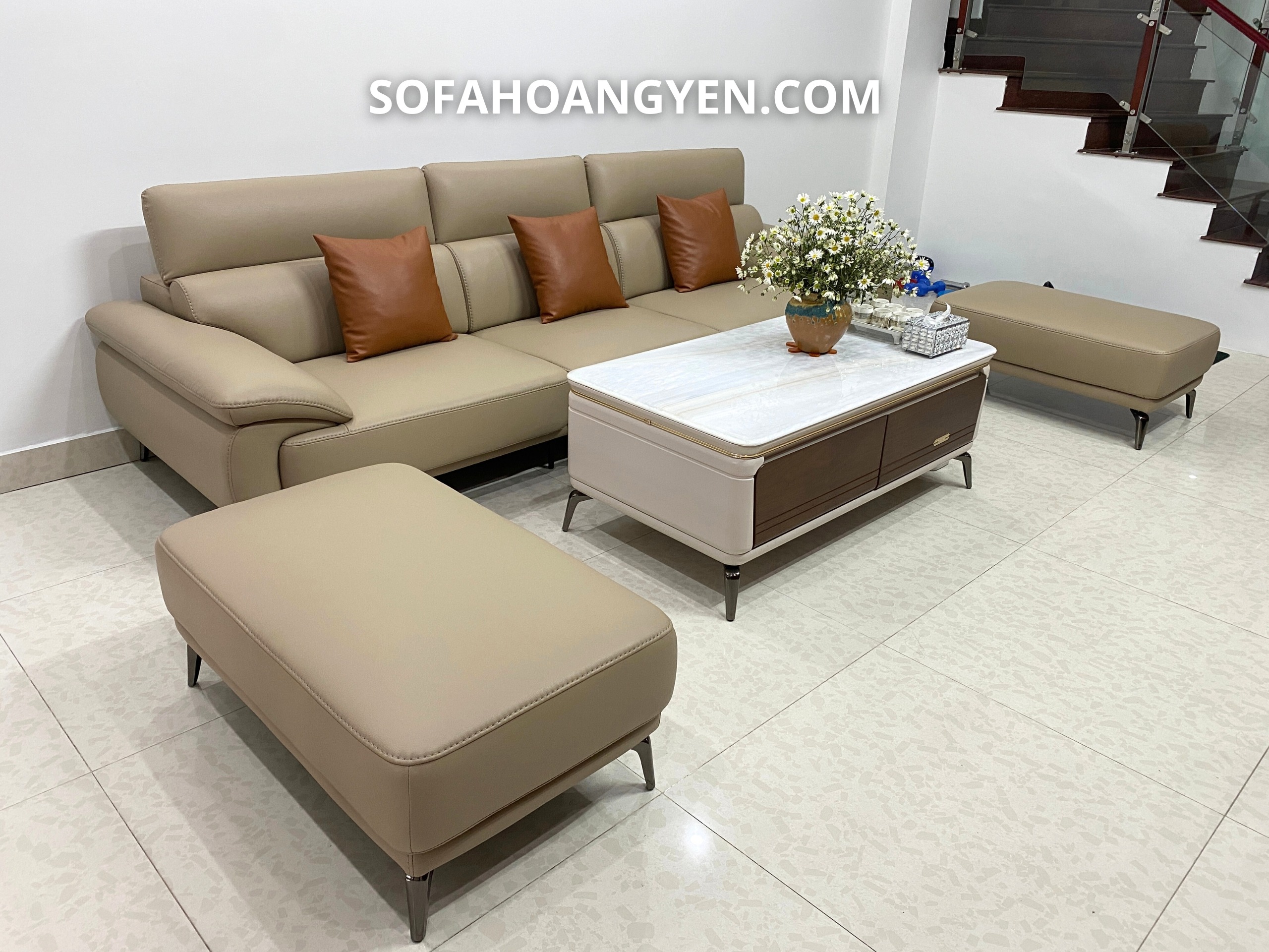 Bàn giao sofa văng da SHY434 kem tối